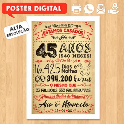 Arte Digital Chalkboard Bodas Casamento Platina 45 Anos