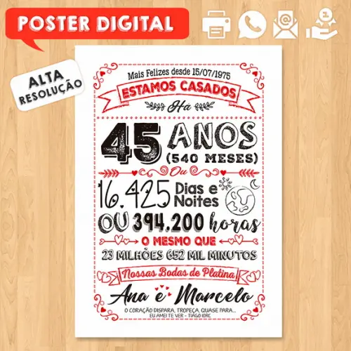 Arte Digital Chalkboard Bodas Casamento Platina 45 Anos