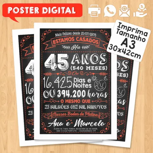 Arte Digital Chalkboard Bodas Casamento Platina 45 Anos