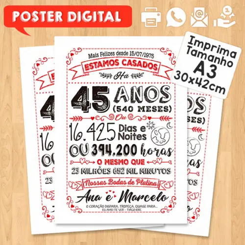 Arte Digital Chalkboard Bodas Casamento Platina 45 Anos