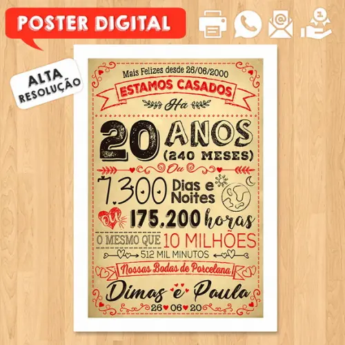 Arte Digital Chalkboard Bodas Casamento Porcelana 20 Anos