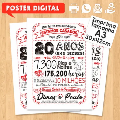 Arte Digital Chalkboard Bodas Casamento Porcelana 20 Anos