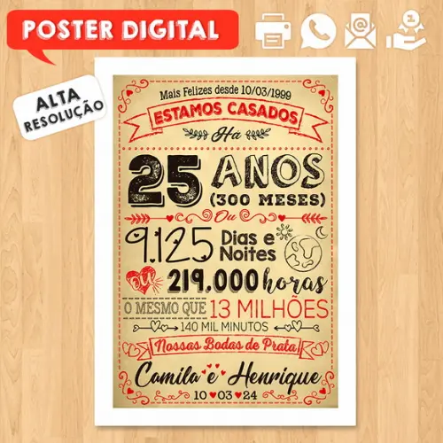 Arte Digital Chalkboard Bodas Casamento Prata 25 Anos