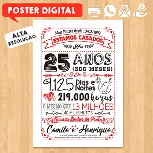 Arte Digital Chalkboard Bodas Casamento Prata 25 Anos