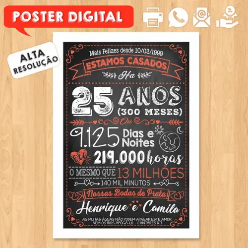 Arte Digital Chalkboard Bodas Casamento Prata 25 Anos
