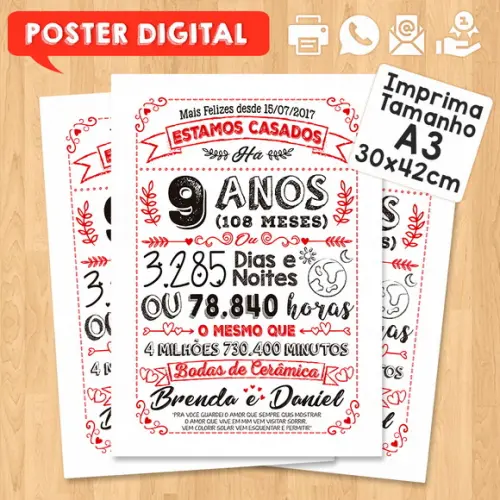 Arte Digital Chalkboard Bodas Cerâmica 09 Anos A3 30x42cm