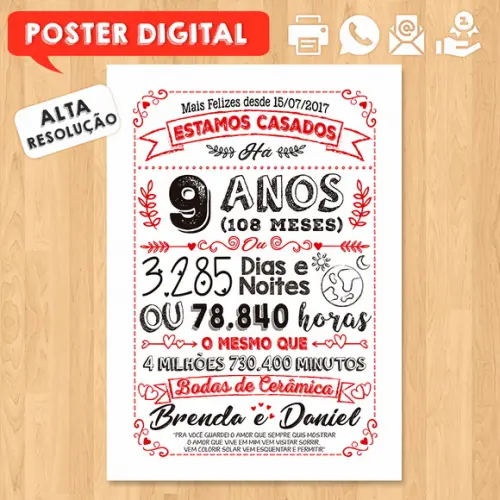 Arte Digital Chalkboard Bodas Cerâmica 09 Anos A3 30x42cm