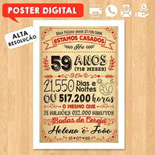 Arte Digital Chalkboard Bodas Cereja 59 Anos A3 30x42cm