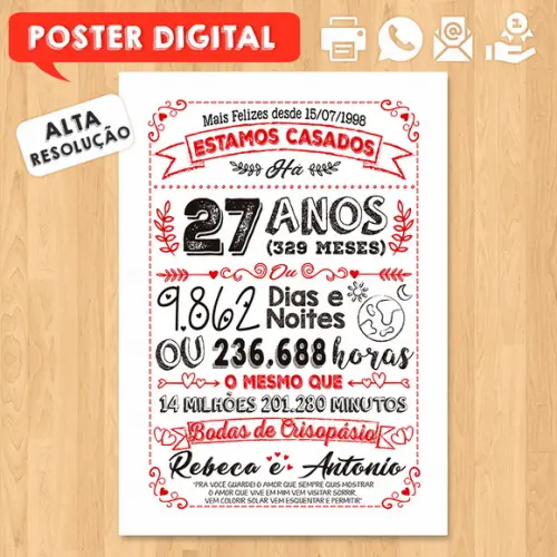 Arte Digital Chalkboard Bodas Crisopásio 27 Anos A3 30x42cm