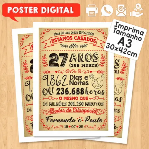 Arte Digital Chalkboard Bodas Crisopásio 27 Anos A3 30x42cm