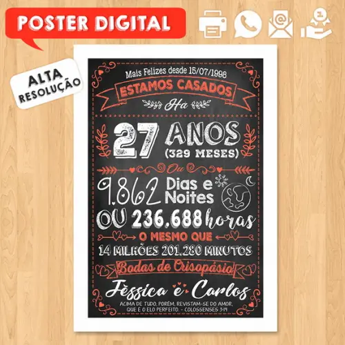 Arte Digital Chalkboard Bodas Crisopásio 27 Anos A3 30x42cm
