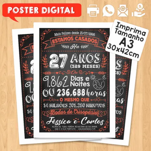 Arte Digital Chalkboard Bodas Crisopásio 27 Anos A3 30x42cm
