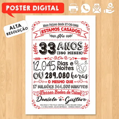 Arte Digital Chalkboard Bodas Crizo 33 Anos A3 30x42cm