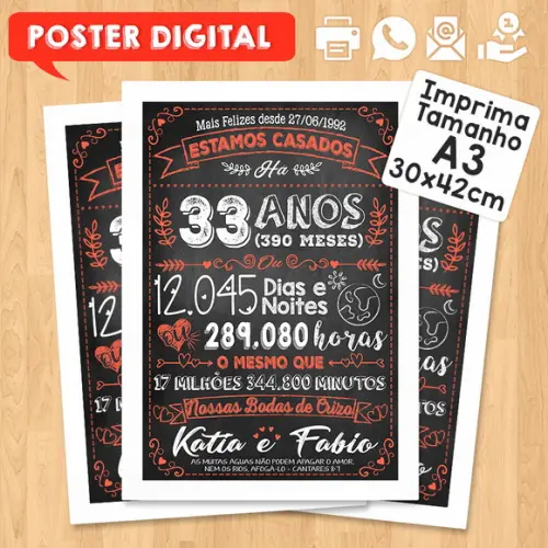 Arte Digital Chalkboard Bodas Crizo 33 Anos A3 30x42cm