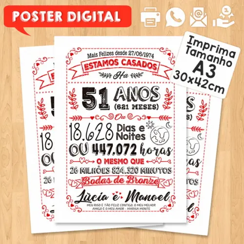 Arte Digital Chalkboard Bodas de Bronze 51 Anos A3 30x42cm