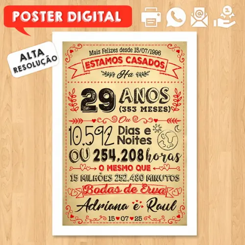 Arte Digital Chalkboard Bodas Erva 29 Anos A3 30x42cm