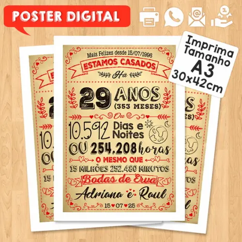 Arte Digital Chalkboard Bodas Erva 29 Anos A3 30x42cm