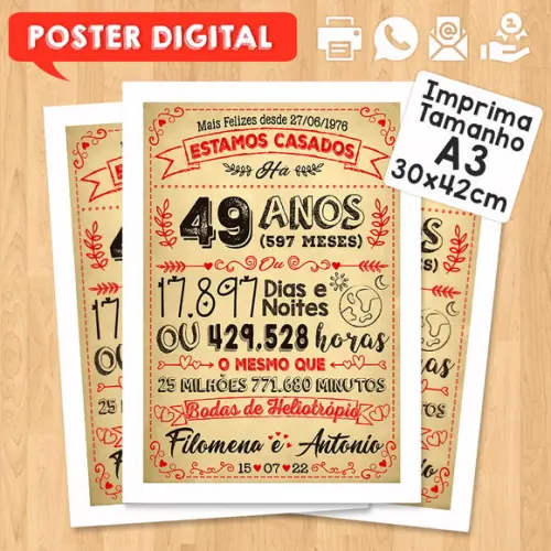 Arte Digital Chalkboard Bodas Heliotrópio 49 Anos A3 30x42cm