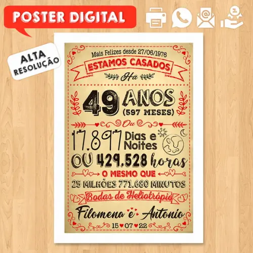 Arte Digital Chalkboard Bodas Heliotrópio 49 Anos A3 30x42cm