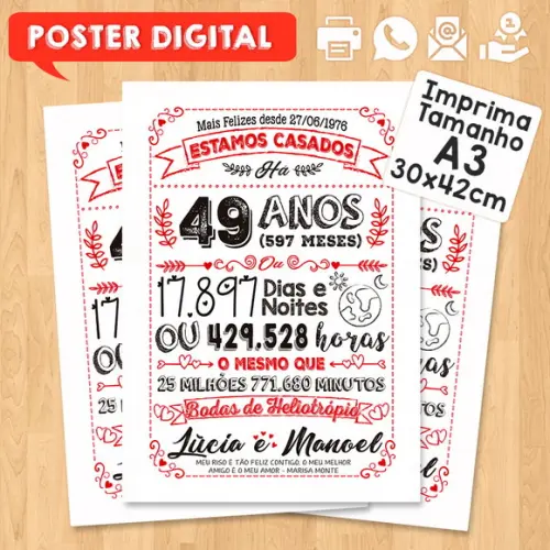 Arte Digital Chalkboard Bodas Heliotrópio 49 Anos A3 30x42cm