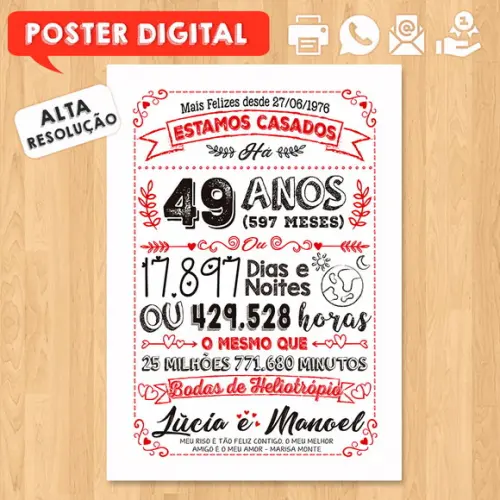 Arte Digital Chalkboard Bodas Heliotrópio 49 Anos A3 30x42cm