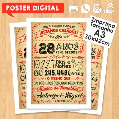 Arte Digital Chalkboard Bodas Hematita 28 Anos A3 30x42cm