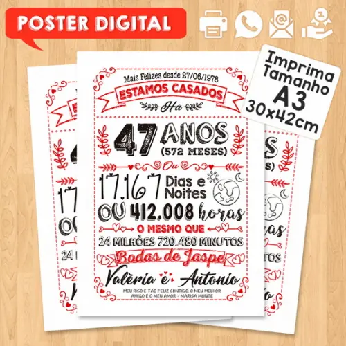 Arte Digital Chalkboard Bodas Jaspe 47 Anos A3 30x42cm