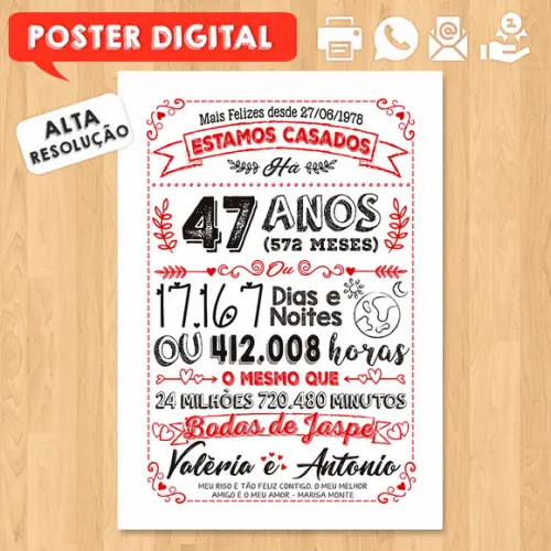 Arte Digital Chalkboard Bodas Jaspe 47 Anos A3 30x42cm