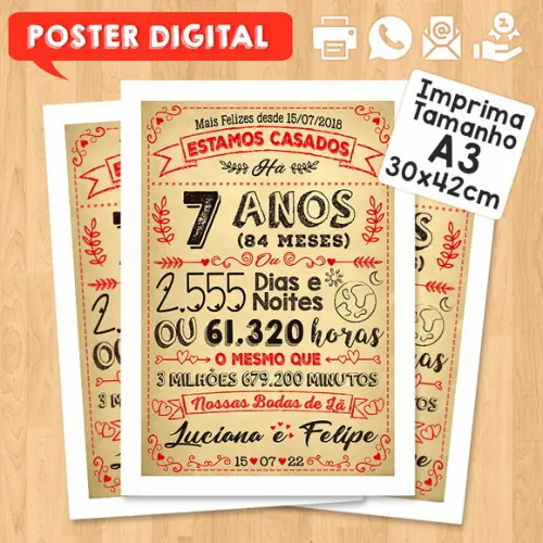 Arte Digital Chalkboard Bodas Lã 07 Anos A3 30x42cm