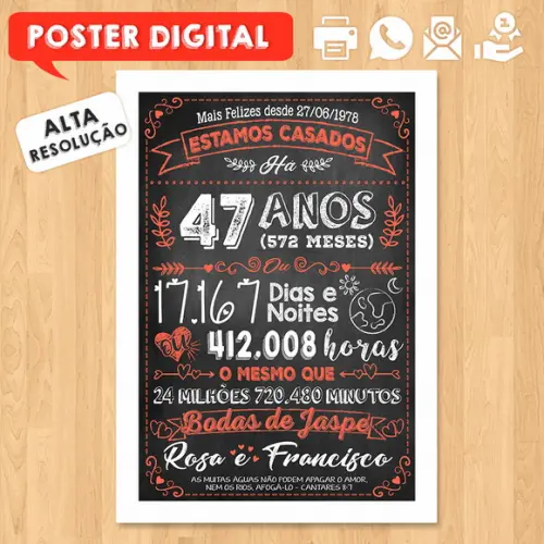 Arte Digital Chalkboard Bodas Jaspe 47 Anos A3 30x42cm