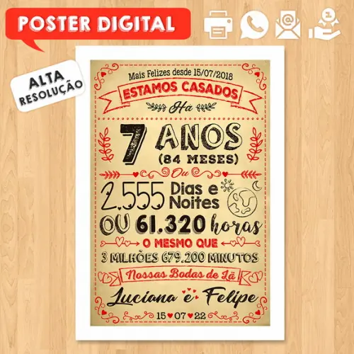 Arte Digital Chalkboard Bodas Lã 07 Anos A3 30x42cm