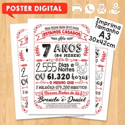 Arte Digital Chalkboard Bodas Lã 07 Anos A3 30x42cm