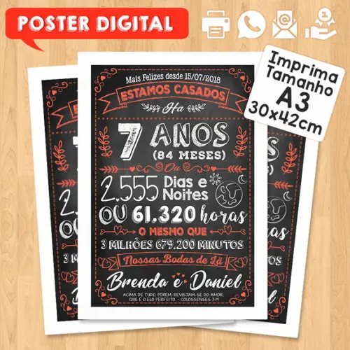 Arte Digital Chalkboard Bodas Lã 07 Anos A3 30x42cm