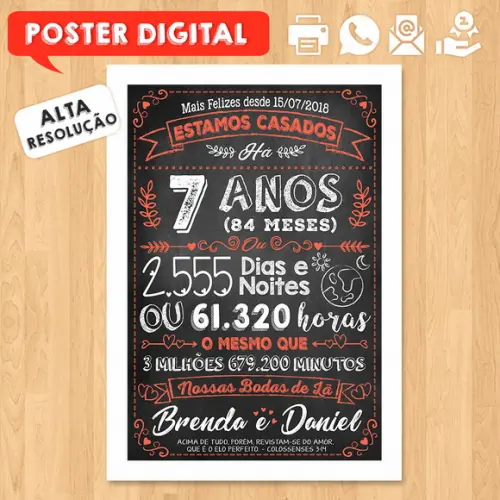 Arte Digital Chalkboard Bodas Lã 07 Anos A3 30x42cm