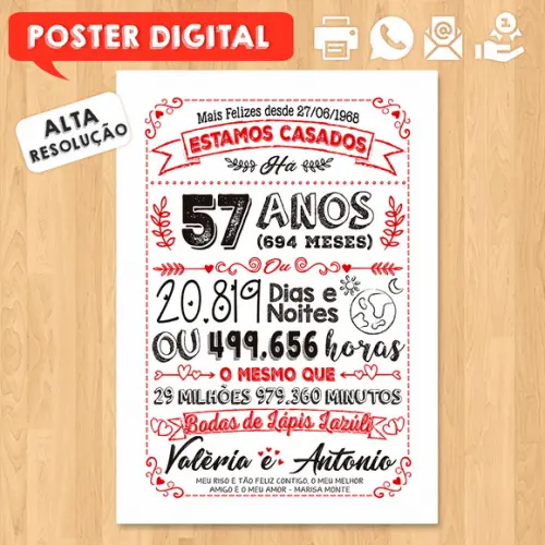 Arte Digital Chalkboard Bodas Lápis Lazuli 57 Anos 30x42cm