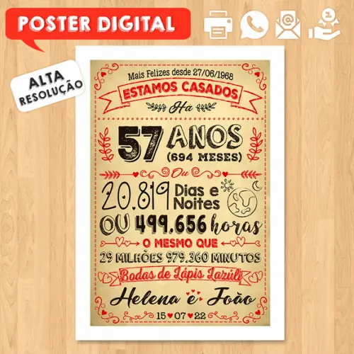 Arte Digital Chalkboard Bodas Lápis Lazuli 57 Anos 30x42cm