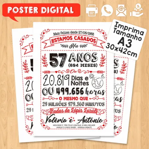 Arte Digital Chalkboard Bodas Lápis Lazuli 57 Anos 30x42cm