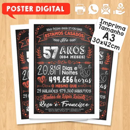 Arte Digital Chalkboard Bodas Lápis Lazuli 57 Anos 30x42cm