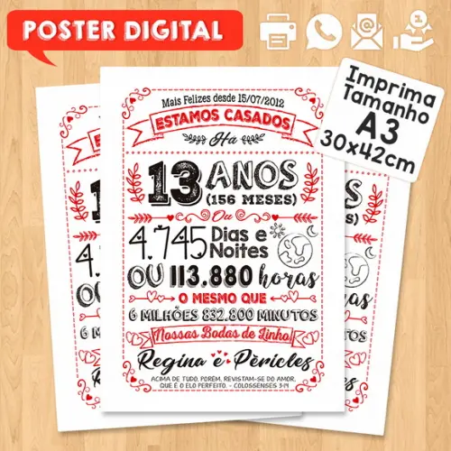 Arte Digital Chalkboard Bodas Linho 13 Anos A3 30x42cm
