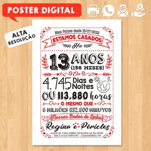 Arte Digital Chalkboard Bodas Linho 13 Anos A3 30x42cm
