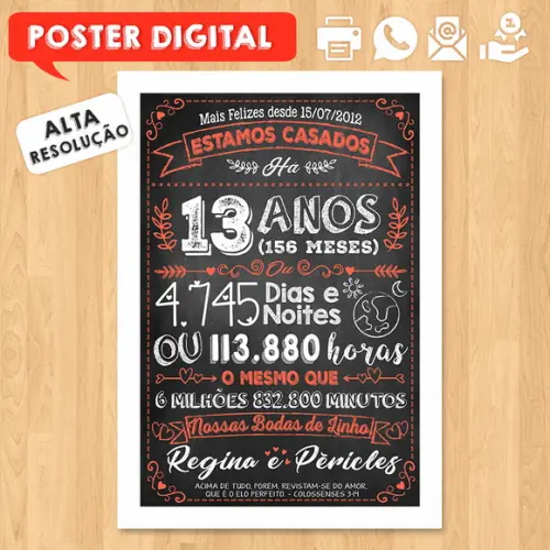 Arte Digital Chalkboard Bodas Linho 13 Anos A3 30x42cm