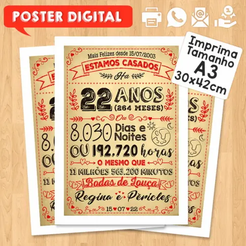 Arte Digital Chalkboard Bodas Louça 22 Anos A3 30x42cm