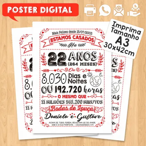 Arte Digital Chalkboard Bodas Louça 22 Anos A3 30x42cm