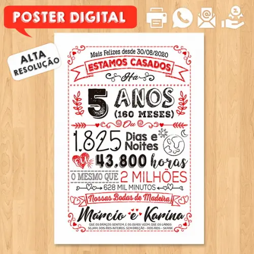 Arte Digital Chalkboard Bodas Madeira 05 Anos