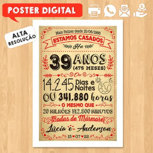 Arte Digital Chalkboard Bodas Mármore 39 Anos A3 30x42cm