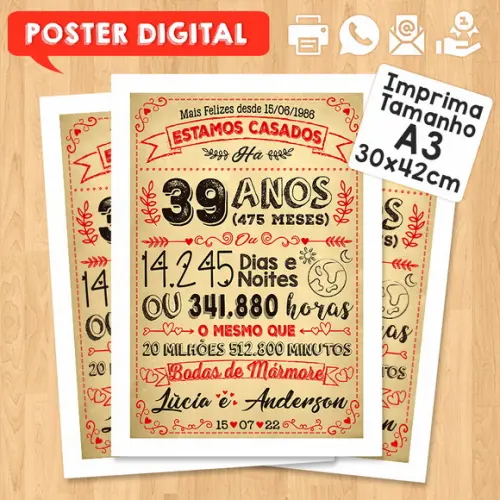 Arte Digital Chalkboard Bodas Mármore 39 Anos A3 30x42cm