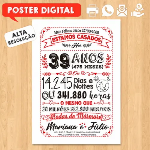Arte Digital Chalkboard Bodas Mármore 39 Anos A3 30x42cm