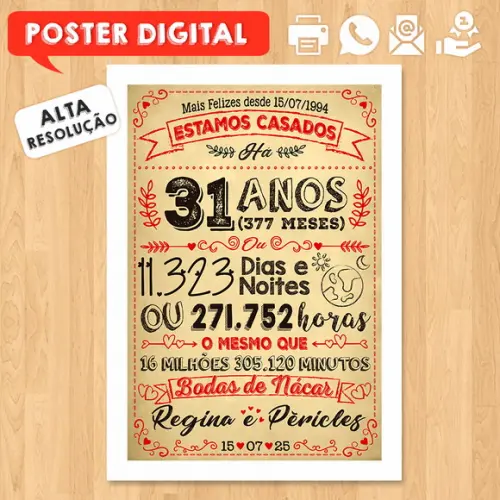 Arte Digital Chalkboard Bodas Nácar 31 Anos A3 30x42cm