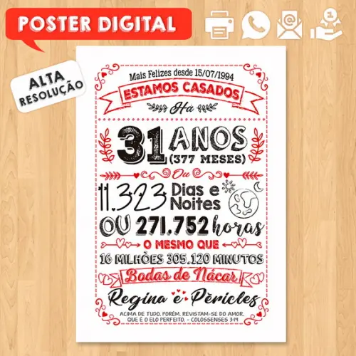Arte Digital Chalkboard Bodas Nácar 31 Anos A3 30x42cm