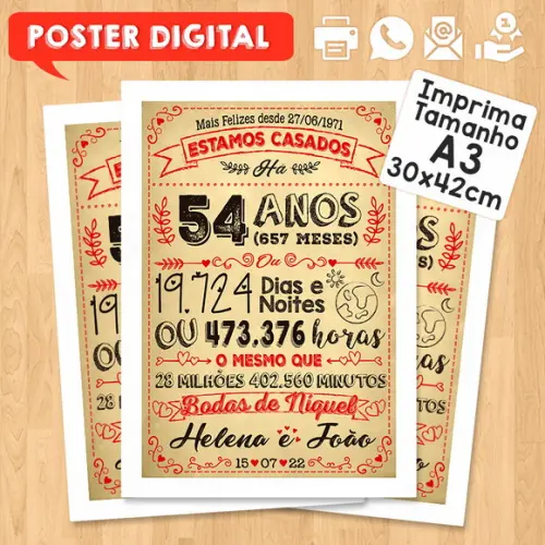 Arte Digital Chalkboard Bodas Níquel 54 Anos A3 30x42cm